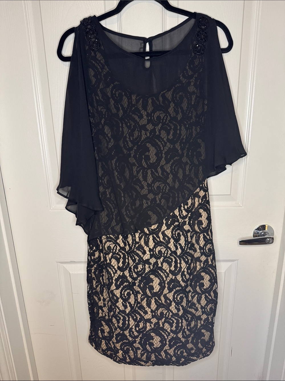 Black Lace Overlay Cape Dress - Women's Evening Dress
